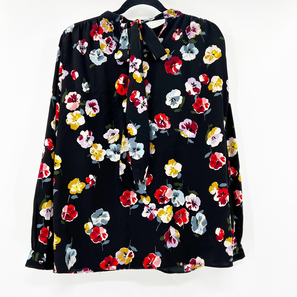 Ann Taylor Black Floral Print Long Sleeve Smocked Neck Tie Back Blouse Size S - Picture 4 of 5